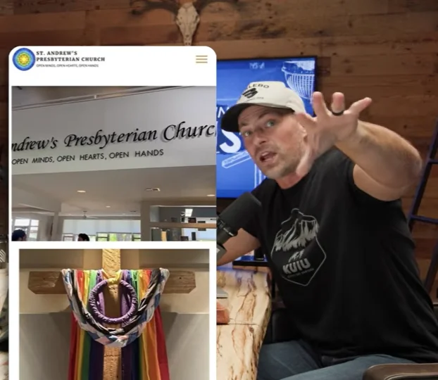 Collage showing an influencer pastor alongside church signage and vestments